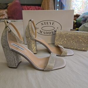 Steve Madden Gigi Ankle Strap Silver Rhinestone Block Heels Wedding Party MI3